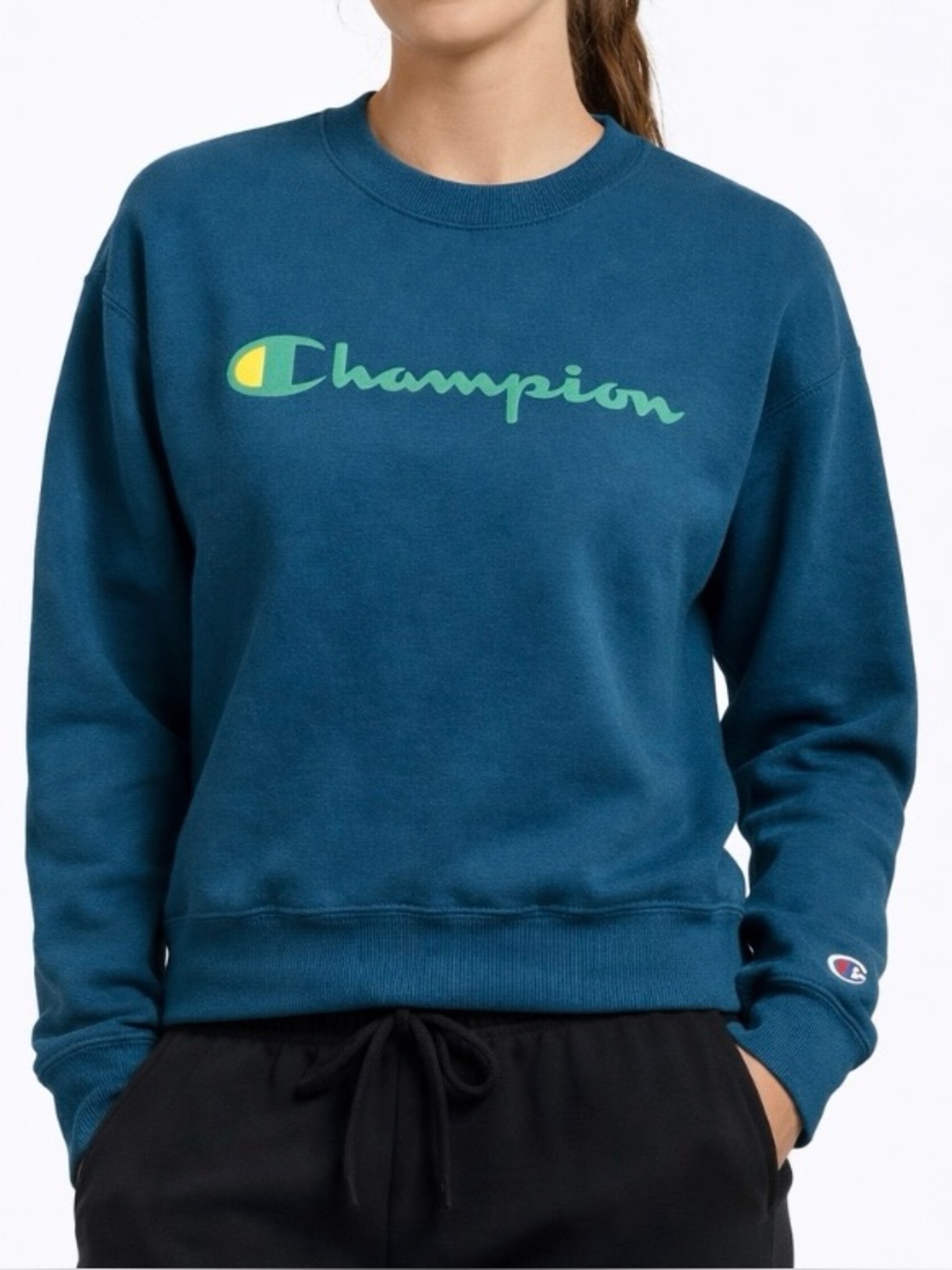 Champion Teal Crewneck Sweatshirt S Logo Classic Pullover